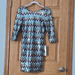 As U Wish Blue and Brown Sequin Chevron Dress